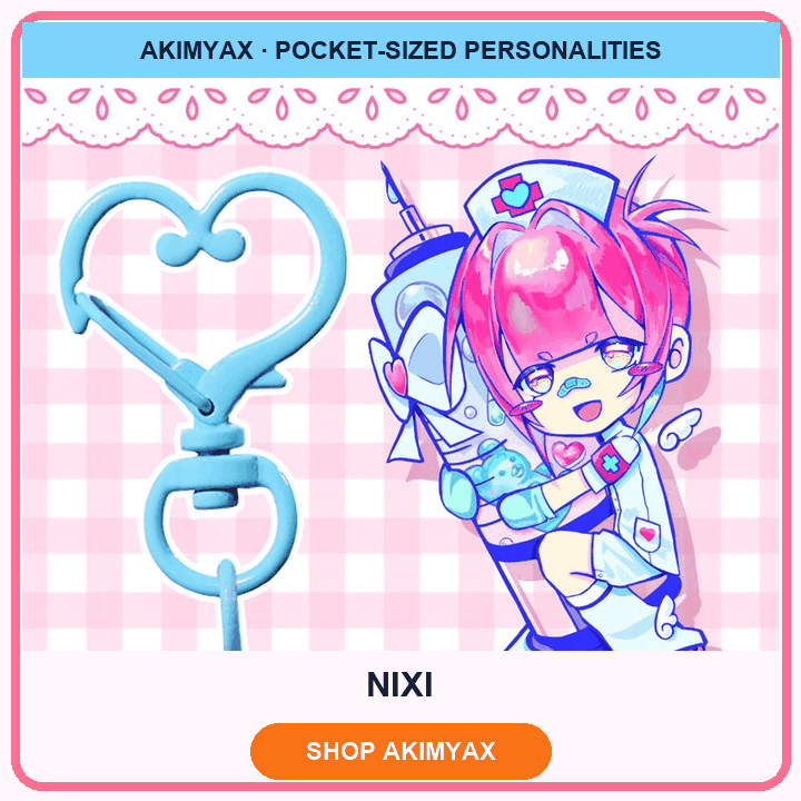 Animated AKIMYAX collection featuring Nixi, Shigeo and Dimple, Nori and Miko, Kokomi, Usagi Burger and Shigeo